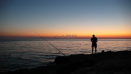 日落,海,钓鱼者