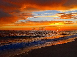 日落,海灘,美麗