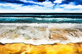 冲浪的海滩画,潮汐海滩,水彩