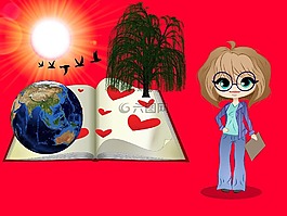 教授,打開的書,地球儀