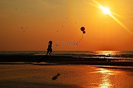 日落,海,海灘