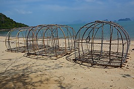 鱼 陷阱,篮,海滩