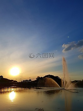 湖,日落,噴泉