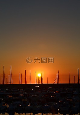 日落,海岸,船