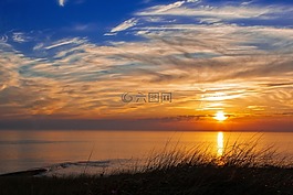 日落,晚上,海