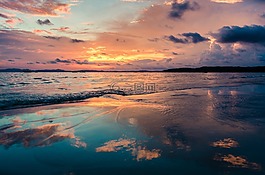 海灘,日落,大海
