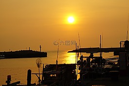 日落,船,海洋