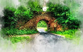 橋,波蘭,水彩