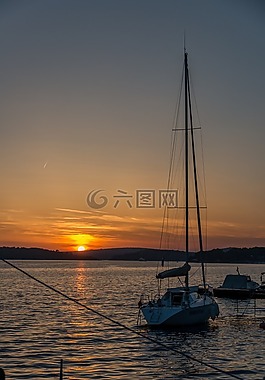 日落,船,海洋