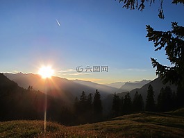 日落,天空,山