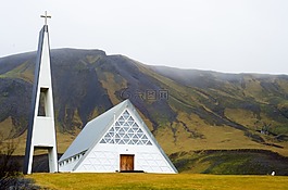 教堂,山,冰島