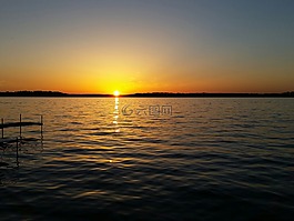 日落,湖,太陽