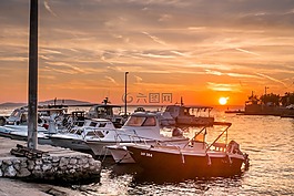 海,日落,船