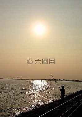日落,海灘,釣魚(yú)
