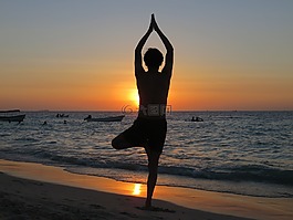 瑜伽,海灘,日落