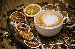 咖啡,牛奶,咖啡服務的柑橘