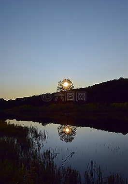 湖,日落,反思