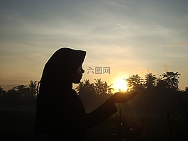 剪影,日出,人的