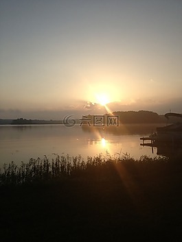 湖,日出,水