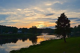 日落,池,噴泉