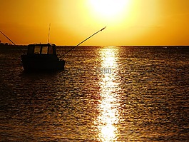 海灘,日落,船