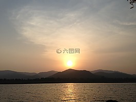 日落,晚上,河