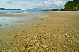 海灘,足跡,砂
