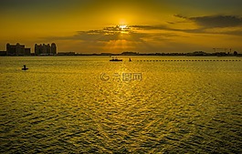 日落,城市,海洋