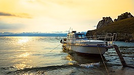 小船,海滩,日落