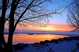 日落,湖,水