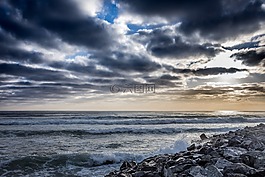 日出,海灘,石頭