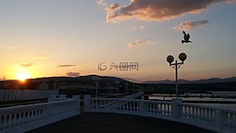 日落,海,山