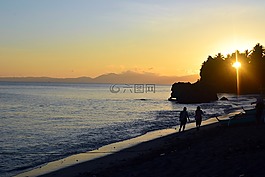 海灘,日落,海