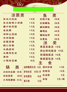 飯店餐飲類菜單