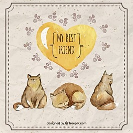 水彩可爱的猫，黄色的心