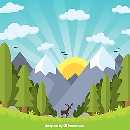 平坦美麗的山區(qū)風景與鹿