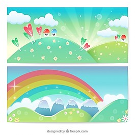 卡通草地的彩色橫幅