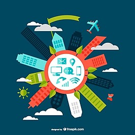 現(xiàn)代城市背景與建筑和飛機(jī)