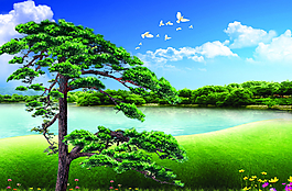 迎客松山水畫圖片