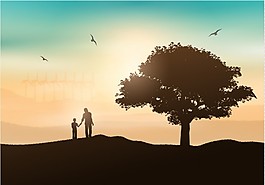 父親和他的兒子在一個景觀silhoette