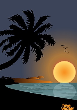 夕陽海灘背景矢量圖素材