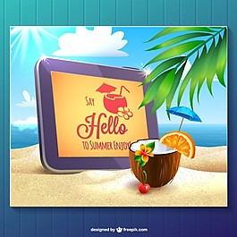 夏日卡在一個海灘和一個椰子片