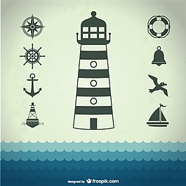 錨、燈塔和海鷗的海洋元素
