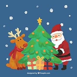 手畫馴鹿，圣誕老人克勞斯和圣誕樹