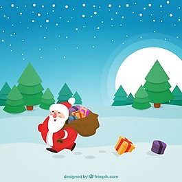 快樂的圣誕老人克勞斯走在雪地里
