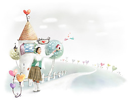 房子心形插畫與美女等PSD分層素材