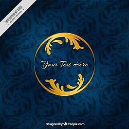 藍(lán)色的裝飾性背景，有樹葉和金色的細(xì)節(jié)