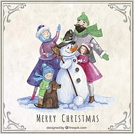 水彩圣誕家庭的雪人