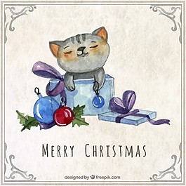 水彩猫圣诞卡