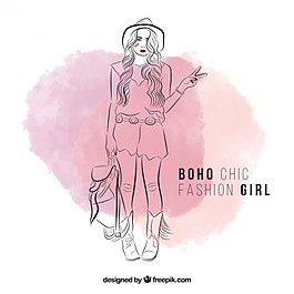 可愛的手繪女孩穿著波希米亞的衣服